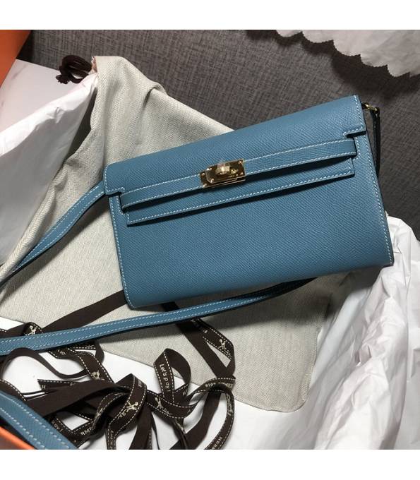 Hermes Kelly Woc Classique Denim Blue Original Palm Veins Leather Golden Metal To Go Wallet