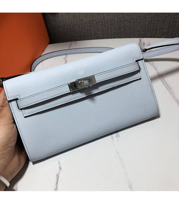 Hermes Kelly Woc Classique Light Blue Original Palm Veins Leather Silver Metal To Go Wallet