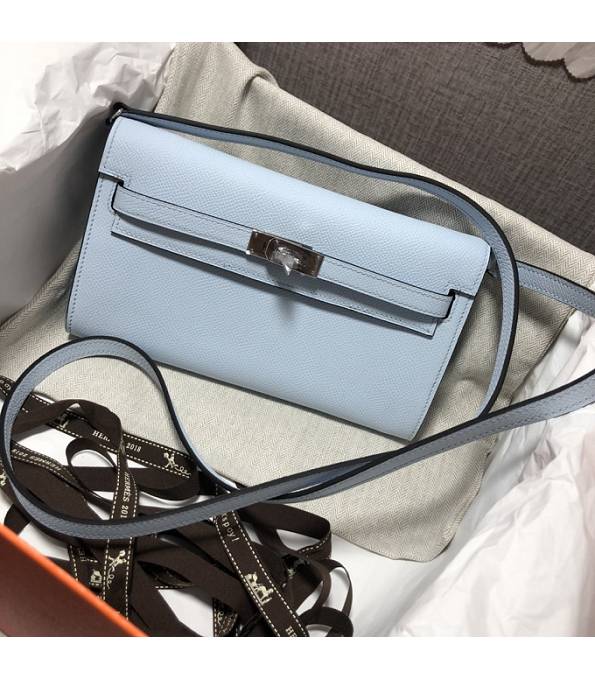 Hermes Kelly Woc Classique Light Blue Original Palm Veins Leather Silver Metal To Go Wallet