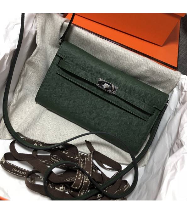 Hermes Kelly Woc Classique Army Green Original Palm Veins Leather Silver Metal To Go Wallet