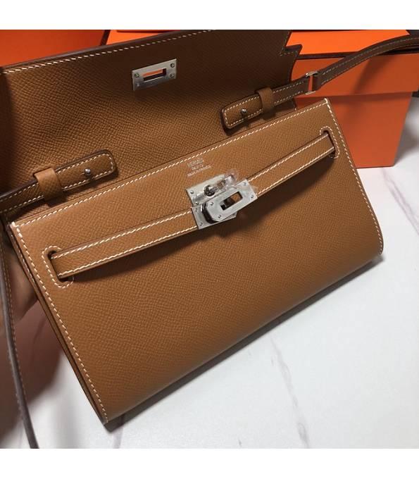 Hermes Kelly Woc Classique Golden Brown Original Palm Veins Leather Silver Metal To Go Wallet