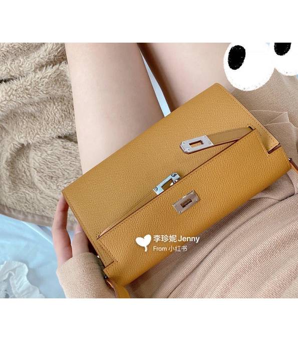 Hermes Kelly Woc Classique Brown Original Palm Veins Leather Golden Metal To Go Wallet