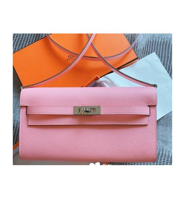 Hermes Kelly Woc Classique Pink Original Palm Veins Leather Silver Metal To Go Wallet