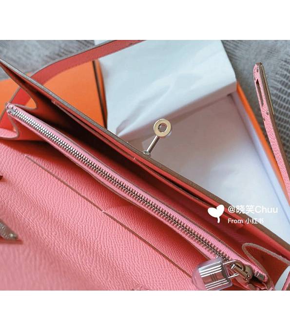 Hermes Kelly Woc Classique Pink Original Palm Veins Leather Silver Metal To Go Wallet