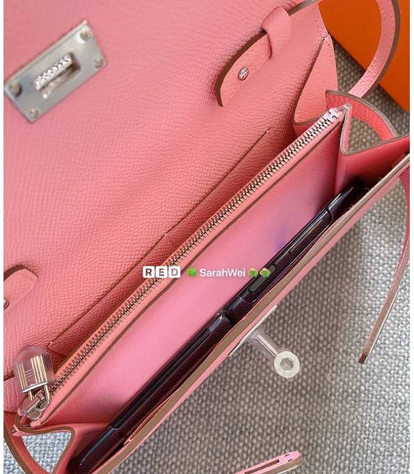 Hermes Kelly Woc Classique Pink Original Palm Veins Leather Silver Metal To Go Wallet
