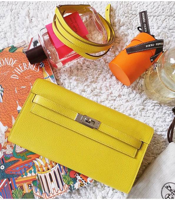 Hermes Kelly Woc Classique Lemon Yellow Original Palm Veins Leather Silver Metal To Go Wallet