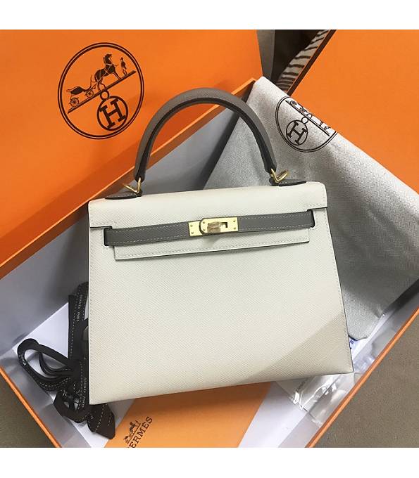 Hermes Kelly 25cm Bag White/Grey Original Epsom Leather Golden Metal