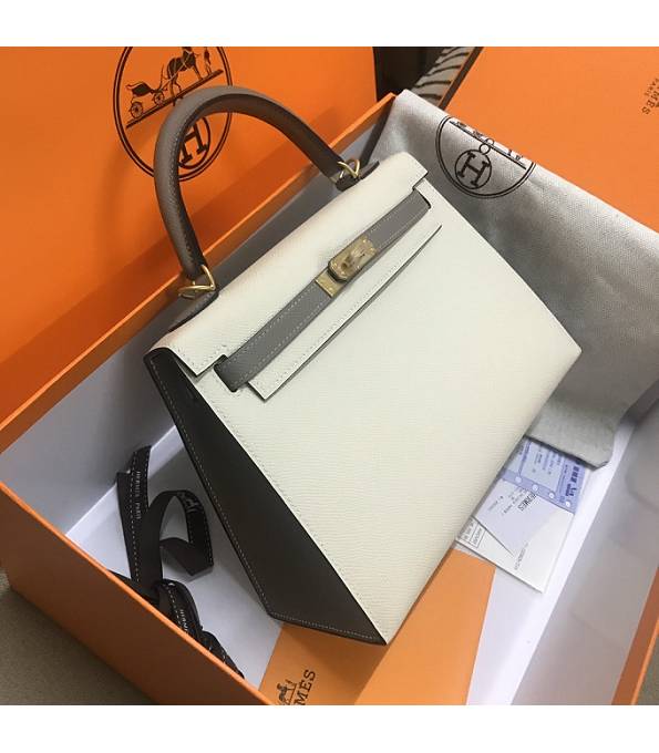 Hermes Kelly 25cm Bag White/Grey Original Epsom Leather Golden Metal