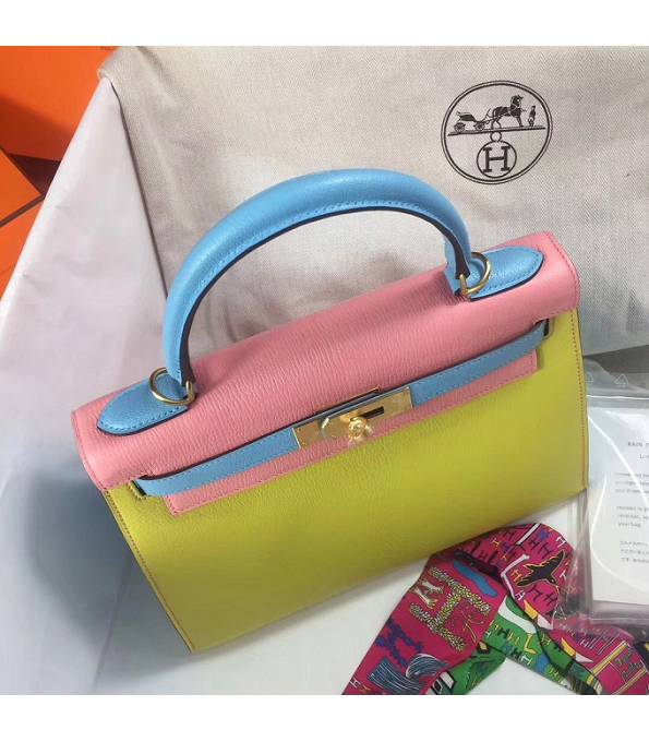 Hermes Kelly 25cm Bag Yellow/Pink Original Epsom Leather Golden Metal
