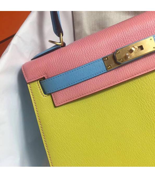 Hermes Kelly 25cm Bag Yellow/Pink Original Epsom Leather Golden Metal
