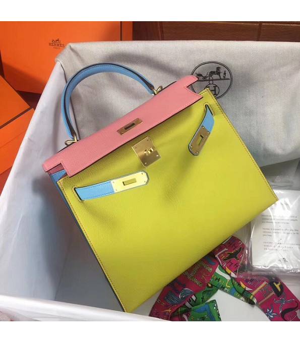 Hermes Kelly 25cm Bag Yellow/Pink Original Epsom Leather Golden Metal