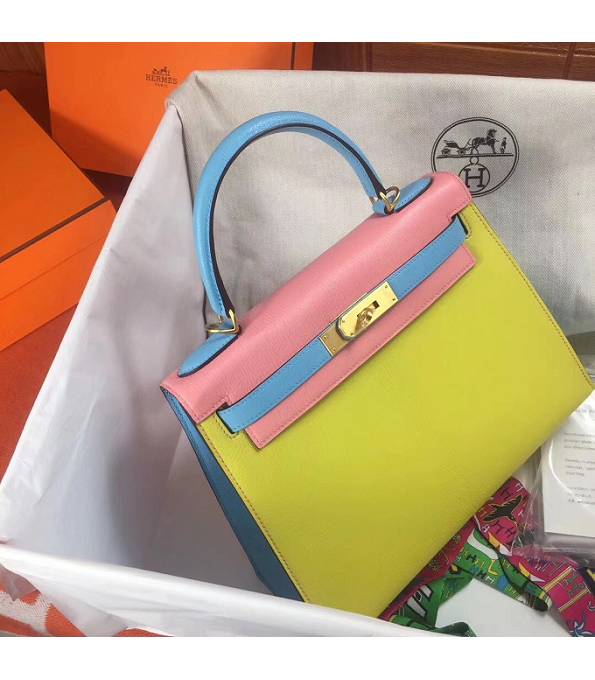 Hermes Kelly 25cm Bag Yellow/Pink Original Epsom Leather Golden Metal