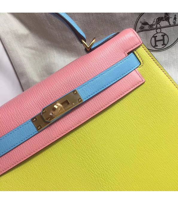 Hermes Kelly 25cm Bag Yellow/Pink Original Epsom Leather Golden Metal