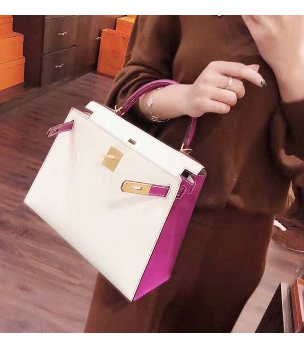 Hermes Kelly 28cm Bag White/Fuchsia Original Epsom Leather Golden Metal