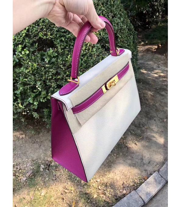 Hermes Kelly 28cm Bag White/Fuchsia Original Epsom Leather Golden Metal