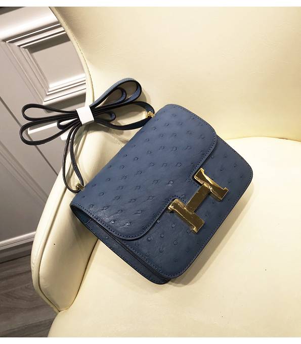 Hermes Constance 18cm Mini Bag Agate Blue Real Ostrich Leather Golden Metal