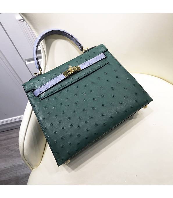 Hermes Kelly 25cm Tote Bag Peacock Green Real Ostrich Leather Golden Metal