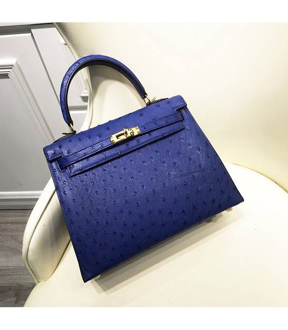 Hermes Kelly 25cm Tote Bag Electric Blue Real Ostrich Leather Golden Metal