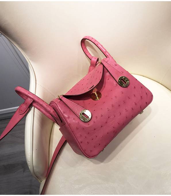 Hermes Mini Lindy 18cm Bag Pink Real Ostrich Leather Golden Metal