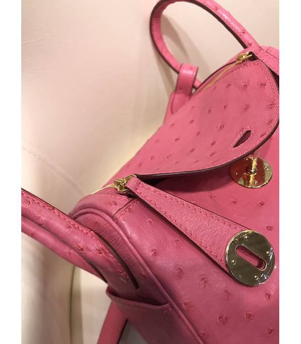 Hermes Mini Lindy 18cm Bag Pink Real Ostrich Leather Golden Metal