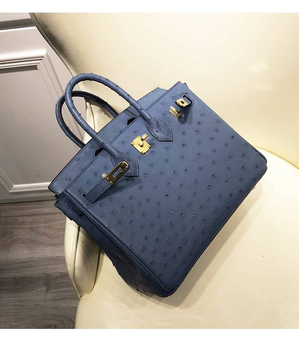 Hermes Birkin 25cm Bag Denim Blue Original Ostrich Leather Golden Metal