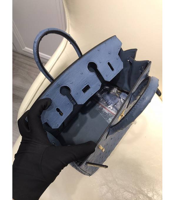 Hermes Birkin 25cm Bag Denim Blue Original Ostrich Leather Golden Metal