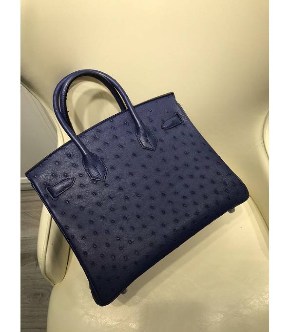 Hermes Birkin 30cm Bag Hydra Blue Real Ostrich Leather Silver Metal