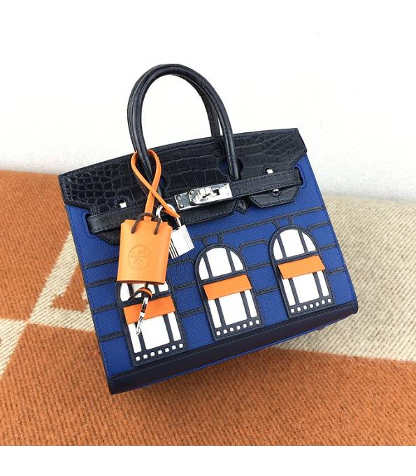 Hermes Birkin Mini Bag Blue Original Epsom With Black Croc Veins Leather Silver Metal