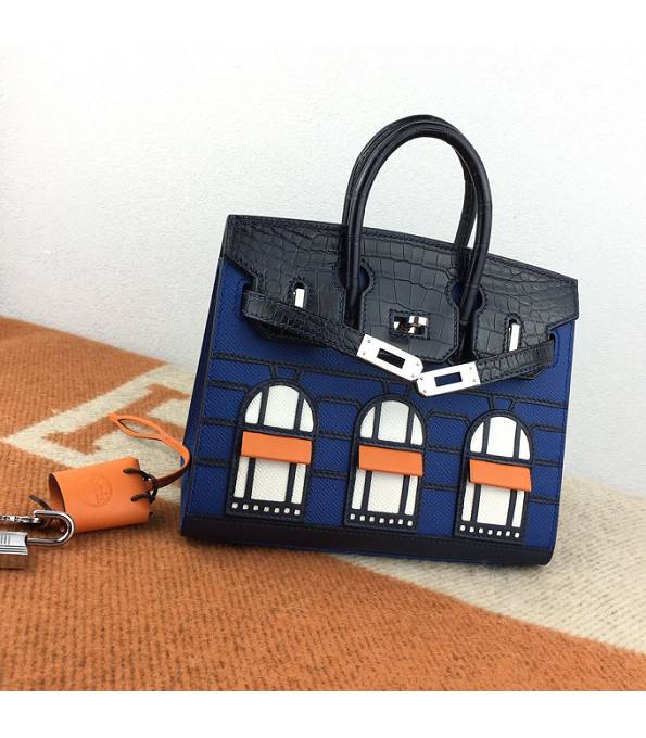 Hermes Birkin Mini Bag Blue Original Epsom With Black Croc Veins Leather Silver Metal