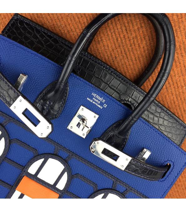 Hermes Birkin Mini Bag Blue Original Epsom With Black Croc Veins Leather Silver Metal