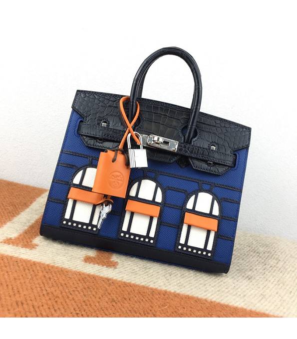 Hermes Birkin Mini Bag Blue Original Epsom With Black Croc Veins Leather Silver Metal