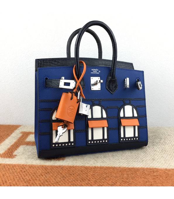 Hermes Birkin Mini Bag Blue Original Epsom With Black Croc Veins Leather Silver Metal
