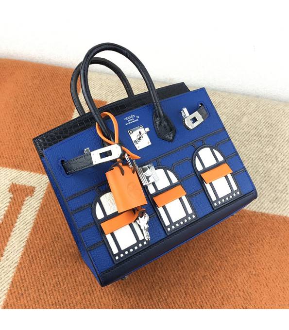 Hermes Birkin Mini Bag Blue Original Epsom With Black Croc Veins Leather Silver Metal