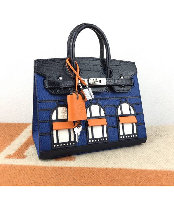 Hermes Birkin Mini Bag Blue Original Epsom With Black Croc Veins Leather Silver Metal