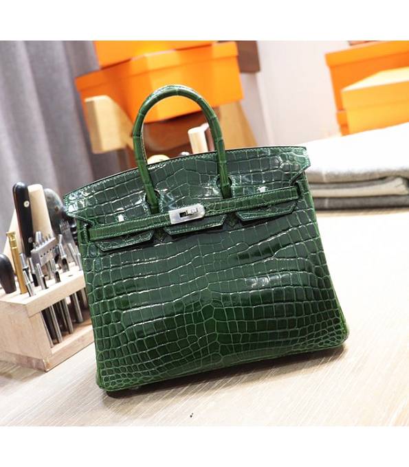 Hermes Birkin 25cm Bag Dark Green Real Croc Leather Silver Metal