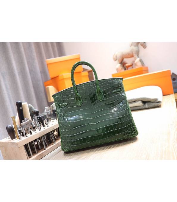 Hermes Birkin 25cm Bag Dark Green Real Croc Leather Silver Metal