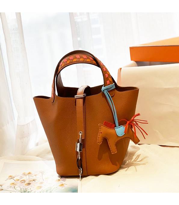 Hermes Mini Picotin Lock MM Bag Golden Brown Original Epsom Leather Weave Handle