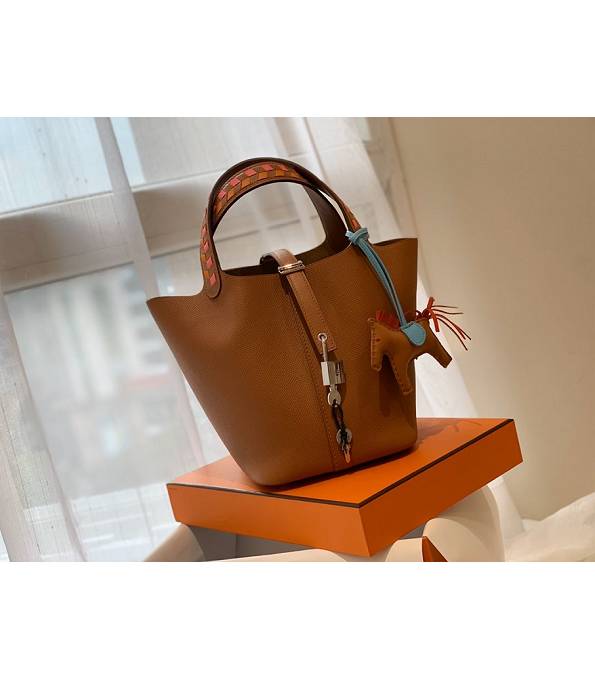 Hermes Mini Picotin Lock MM Bag Golden Brown Original Epsom Leather Weave Handle