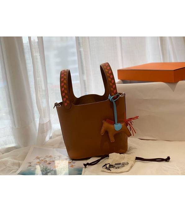 Hermes Mini Picotin Lock MM Bag Golden Brown Original Epsom Leather Weave Handle