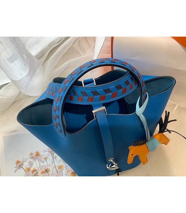 Hermes Mini Picotin Lock MM Bag Hydra Blue Original Epsom Leather Weave Handle