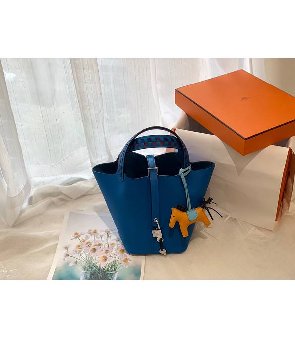 Hermes Mini Picotin Lock MM Bag Hydra Blue Original Epsom Leather Weave Handle