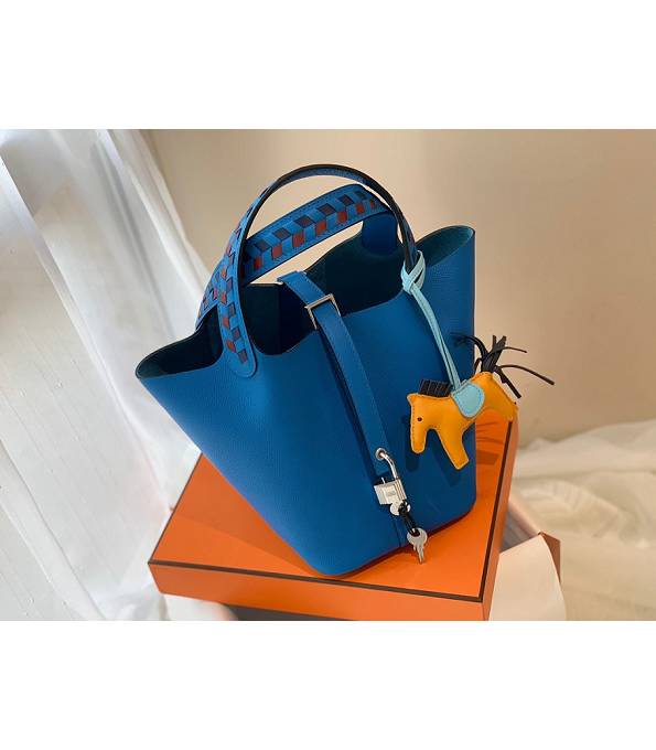 Hermes Mini Picotin Lock MM Bag Hydra Blue Original Epsom Leather Weave Handle