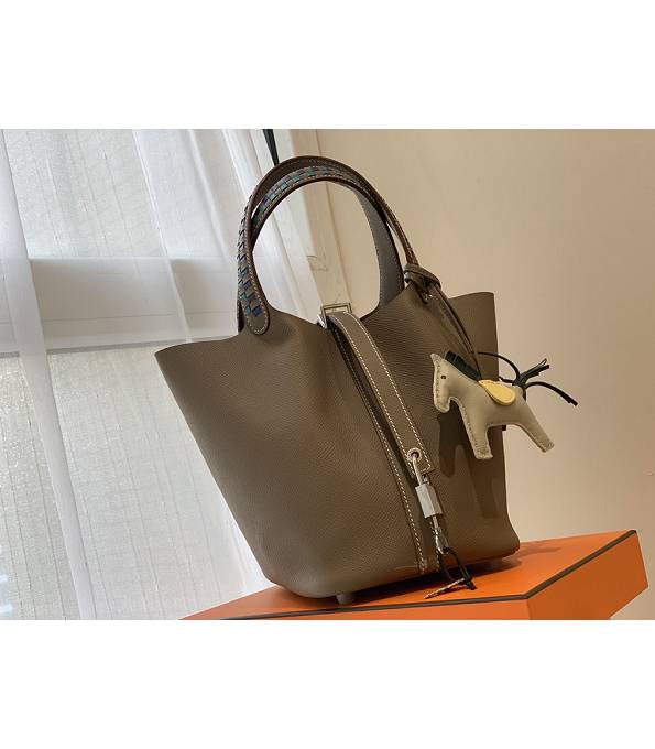 Hermes Mini Picotin Lock MM Bag Elephant Grey Original Epsom Leather Weave Handle