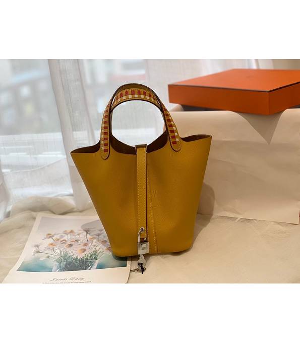 Hermes Mini Picotin Lock MM Bag Amber Yellow Original Epsom Leather Weave Handle