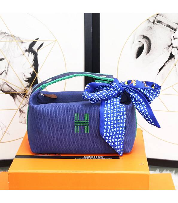 Hermes Trousse Bride Sapphire Blue Original Canvas 21cm Handle Bag