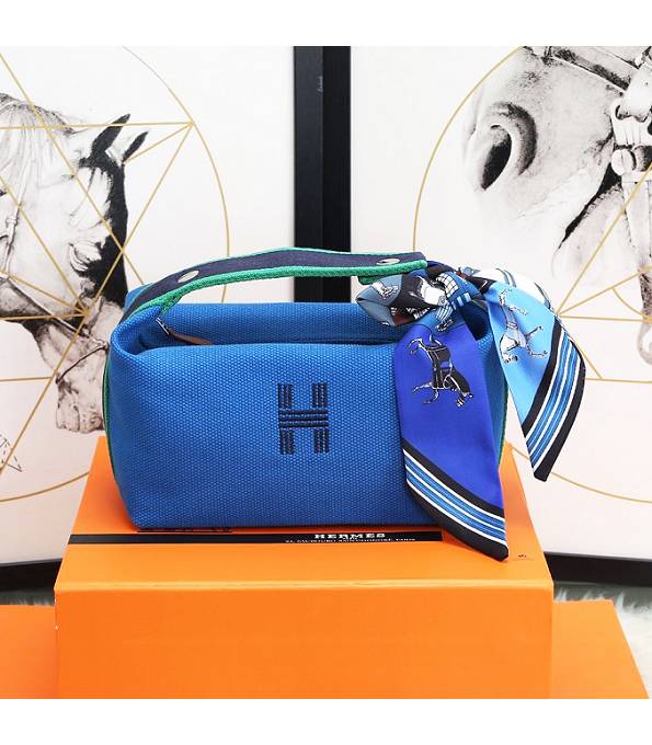 Hermes Trousse Bride Blue Original Canvas 21cm Handle Bag