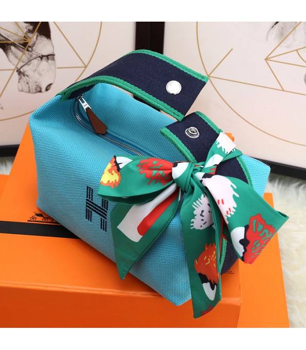 Hermes Trousse Bride Lake Blue Original Canvas 21cm Handle Bag