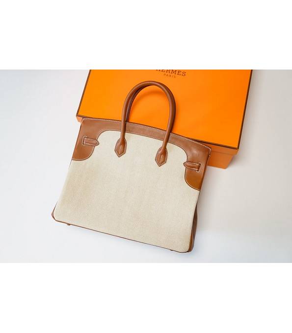 Hermes Birkin 35cm Bag Orange Canvas With Brown Original Leather Golden Metal