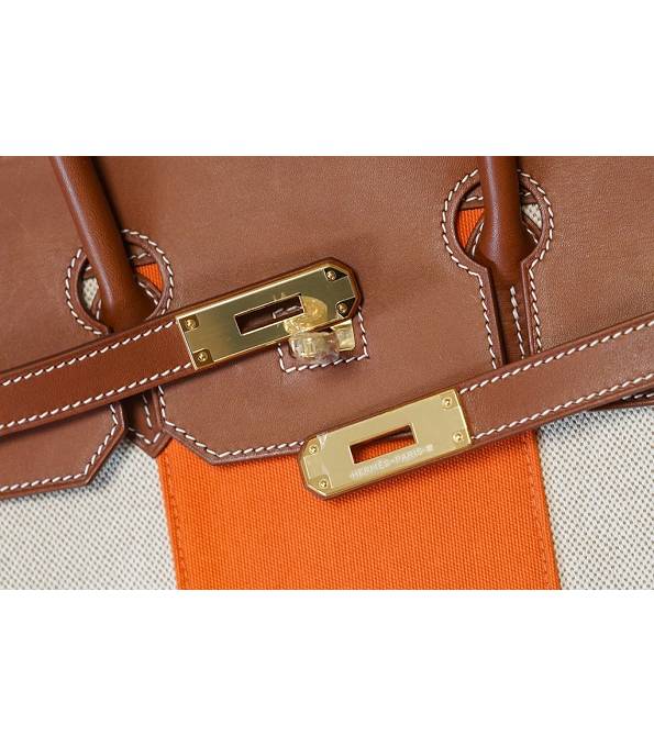 Hermes Birkin 35cm Bag Orange Canvas With Brown Original Leather Golden Metal