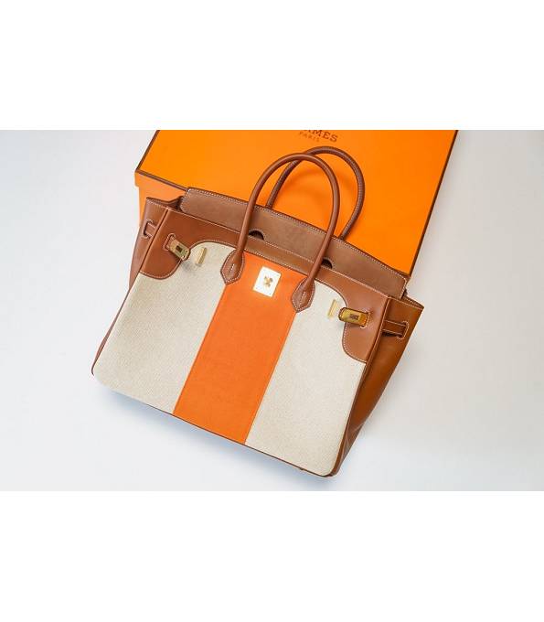 Hermes Birkin 35cm Bag Orange Canvas With Brown Original Leather Golden Metal